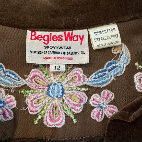 VTG Begies Way Vintage Brown Corduroy Embroidered Floral Jacket Women’s 12 - Picture 7 of 11